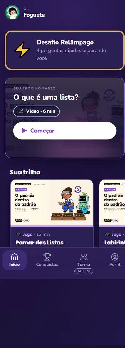Tela inicial do aluno no Gameficare Play em um celular.