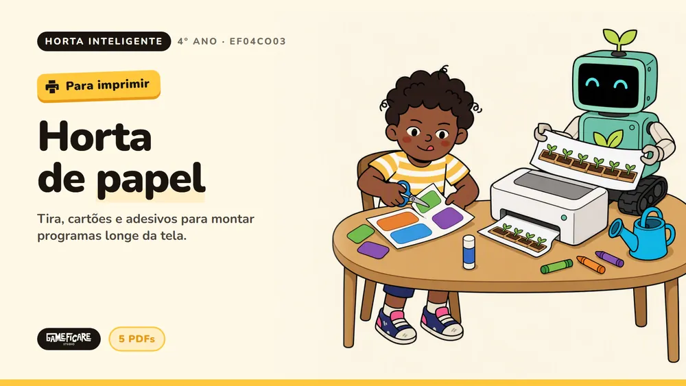 Material para imprimir da trilha Horta Inteligente: cartões de bloco, tira da horta e adesivos.